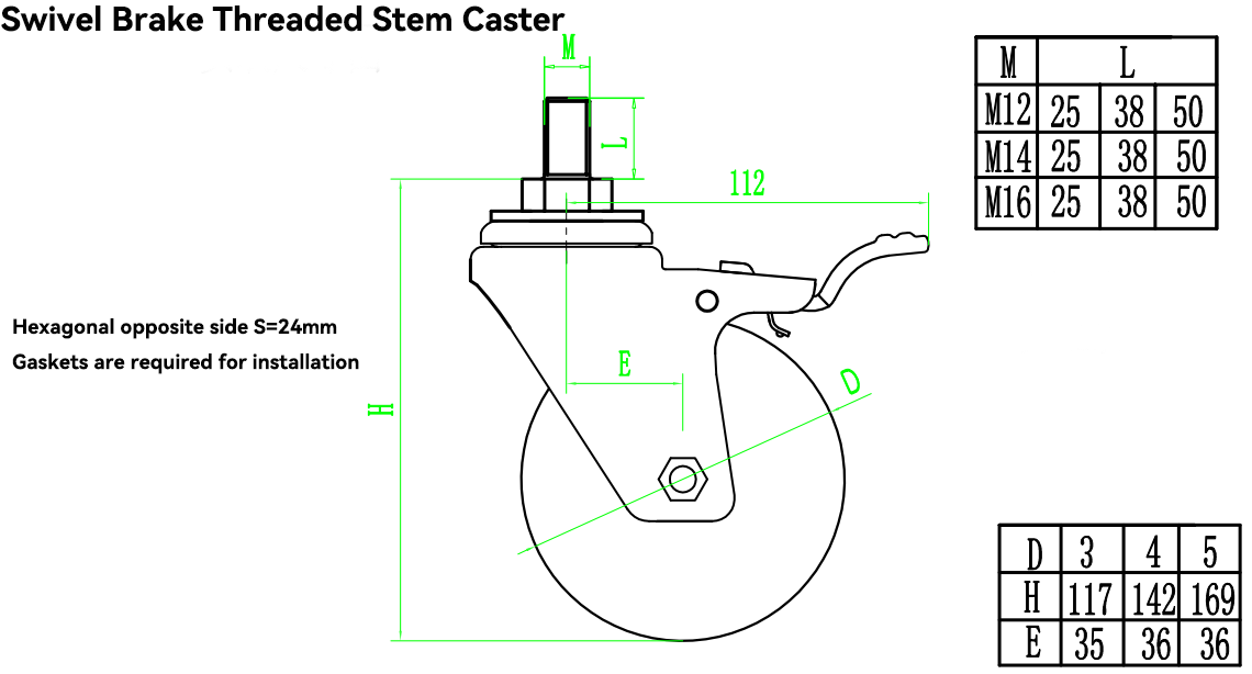 Drawing of Medium duty PU casters with stem Drawing of Medium duty PU casters with stem